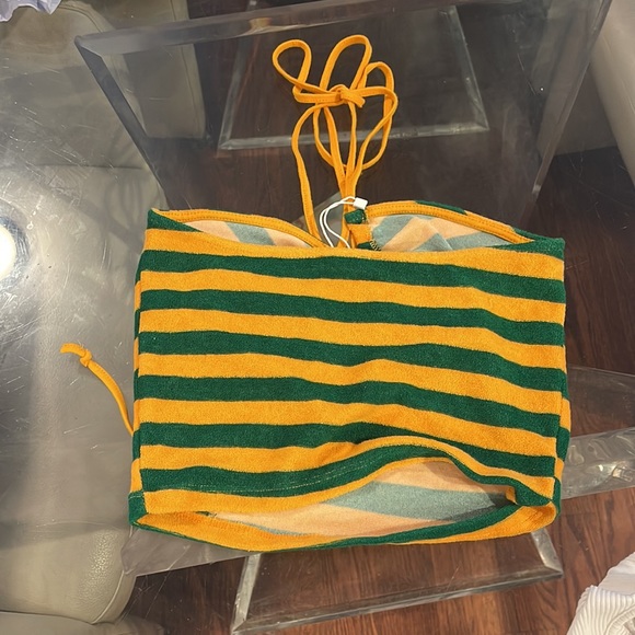 Zara small green orange stripe Terry cloth tie around neck crop top - Picture 2 of 2